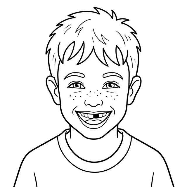 The same boy drawn as black line art for colouring