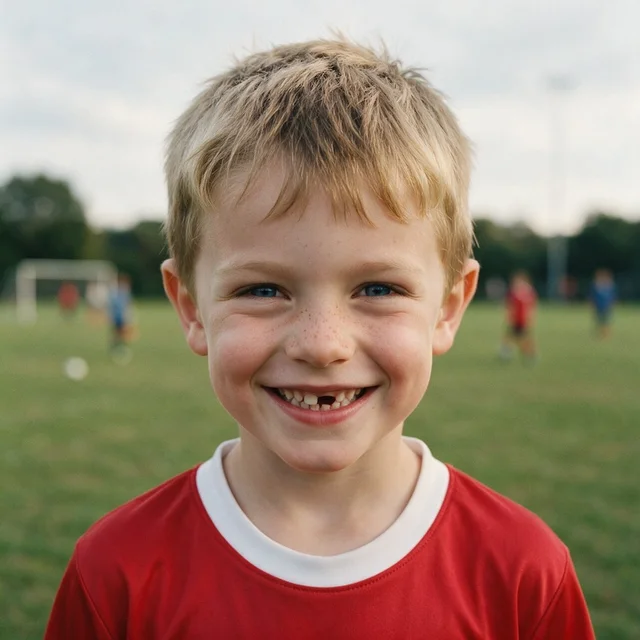 AI-made example photo of a smiling boy in a red football shirt