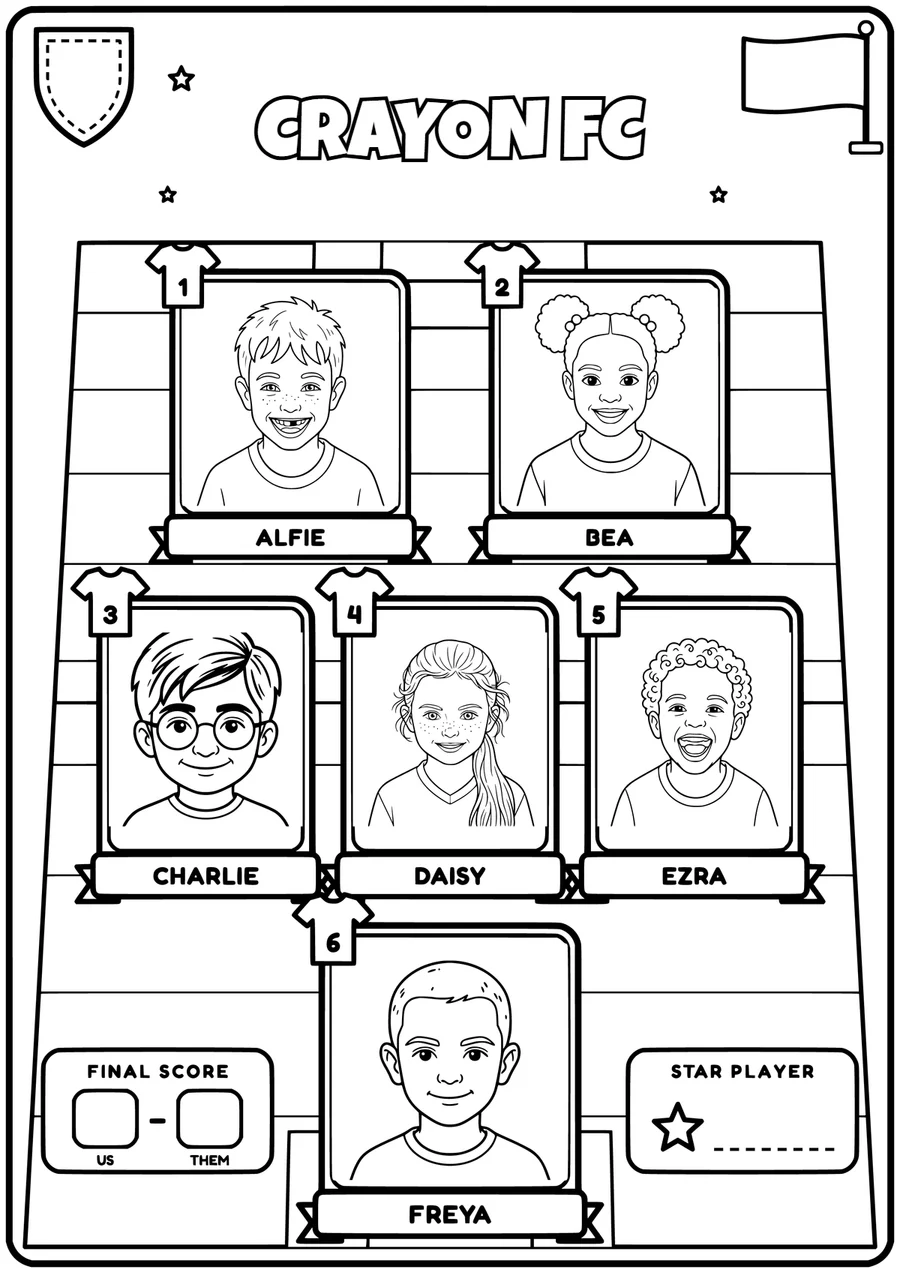 AI-made example Crayon FC colouring page: six cartoon players on a pitch, each with a name plate and shirt number, plus boxes for the final score and the star player